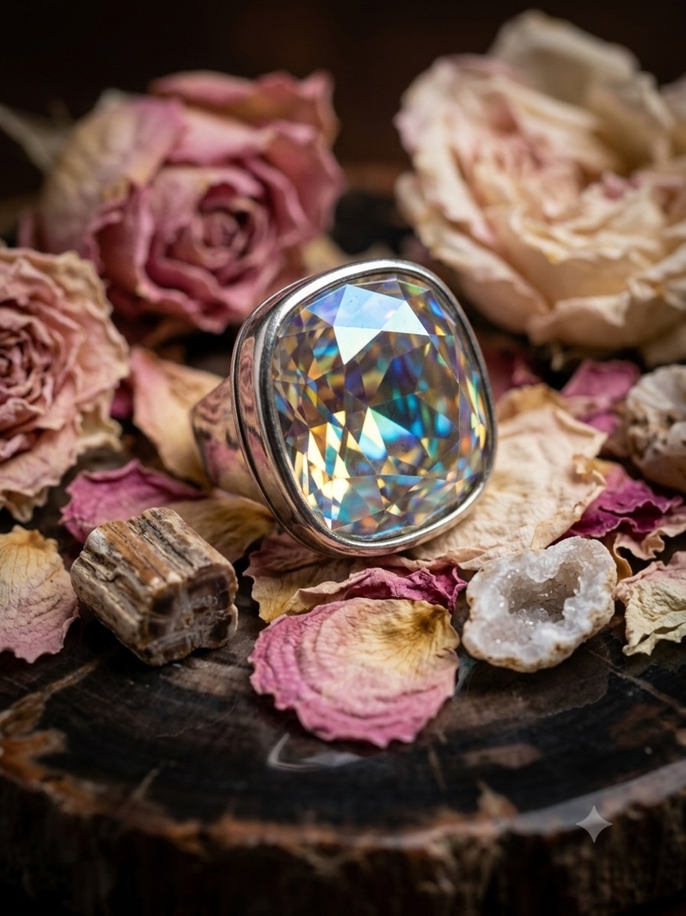 New Plunder Iridescent Faceted Crystal Statement Ring - Size 6